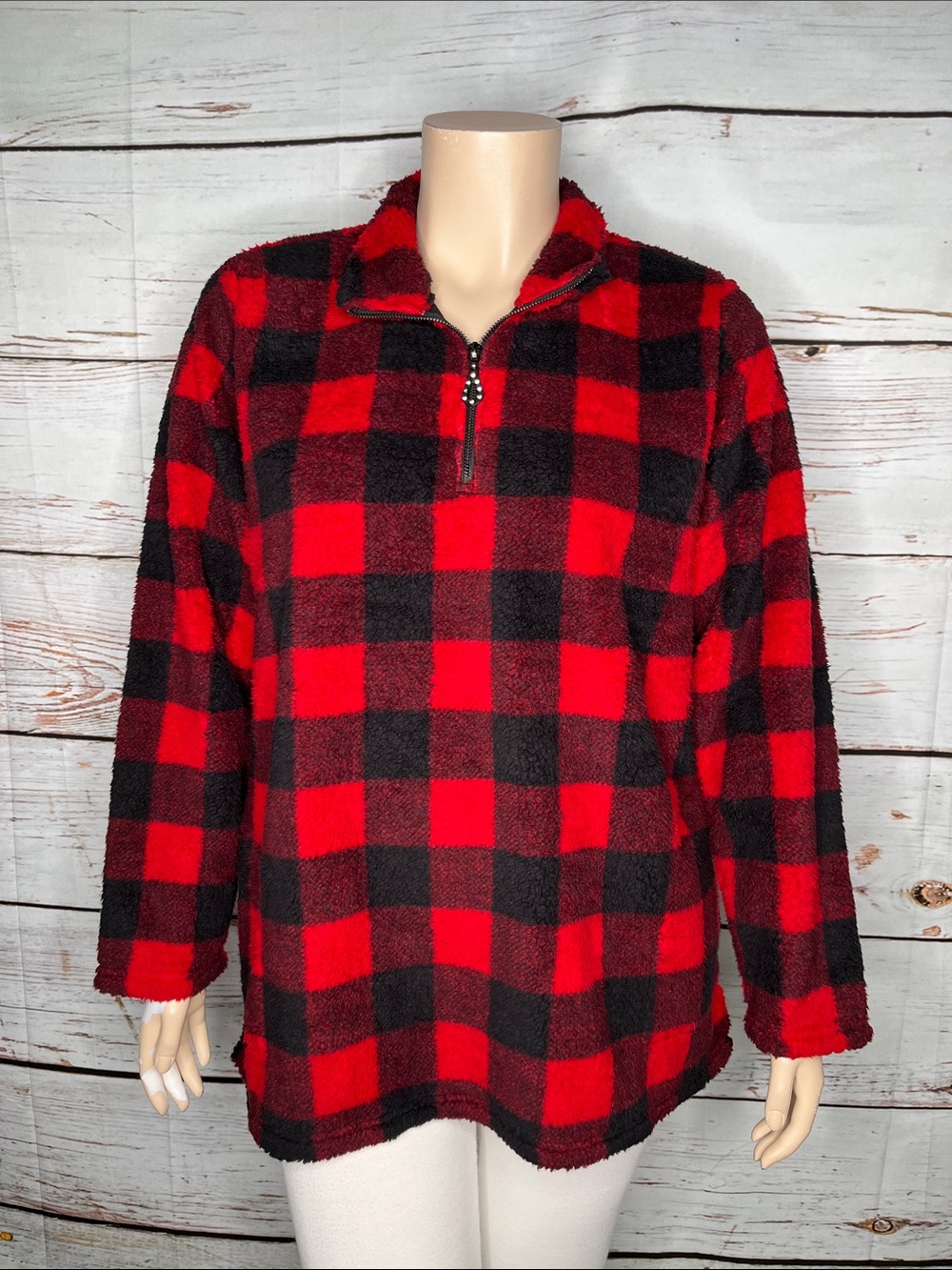 Quacker Factory NWOT XL Red & Black Buffalo Plaid 1/2 Zip Sherpa Pullover Jacket